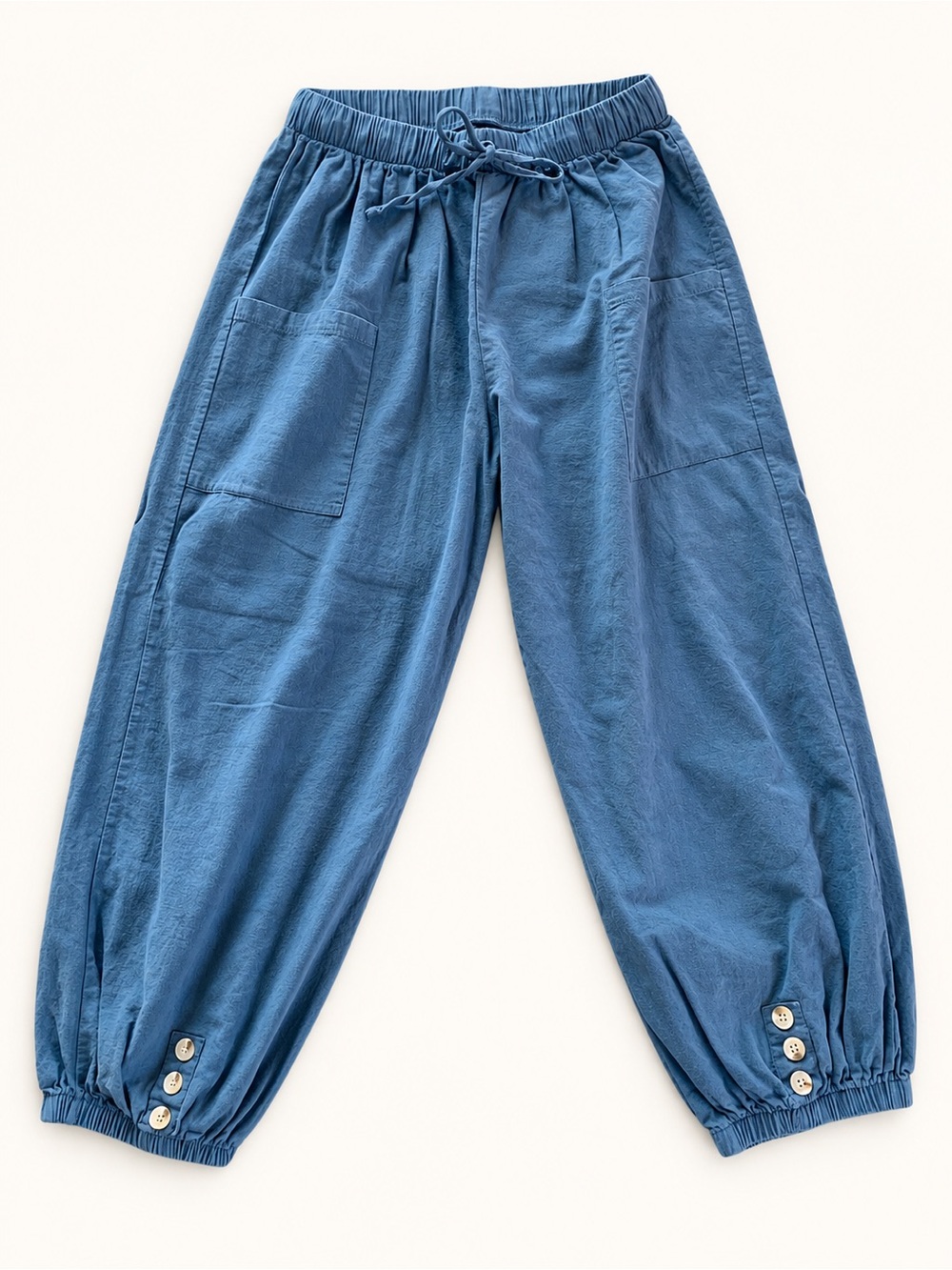 Blue Cotton Blend Harem Jogger Pants Drawstring Button Cuff Boho